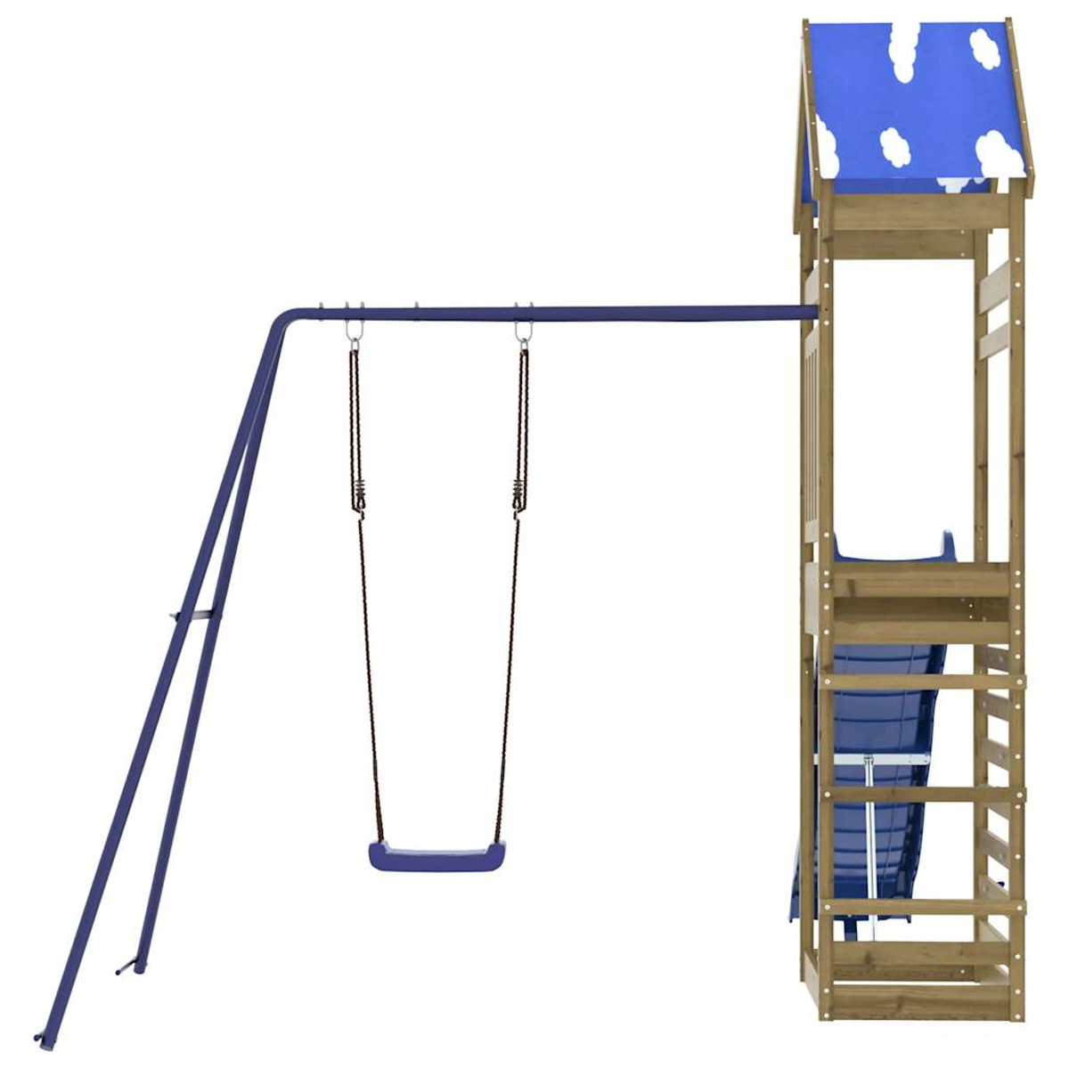 Struttura gioco in legno con altalena e scivolo blu, nuvole bianche su tetto blu.