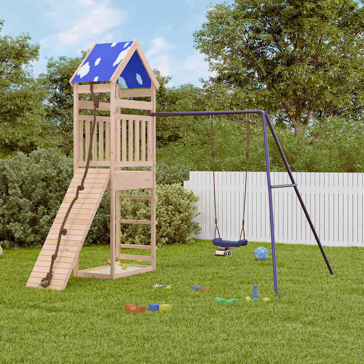 Ein hölzerner Spielturm mit Rutsche und Schaukel im Garten.