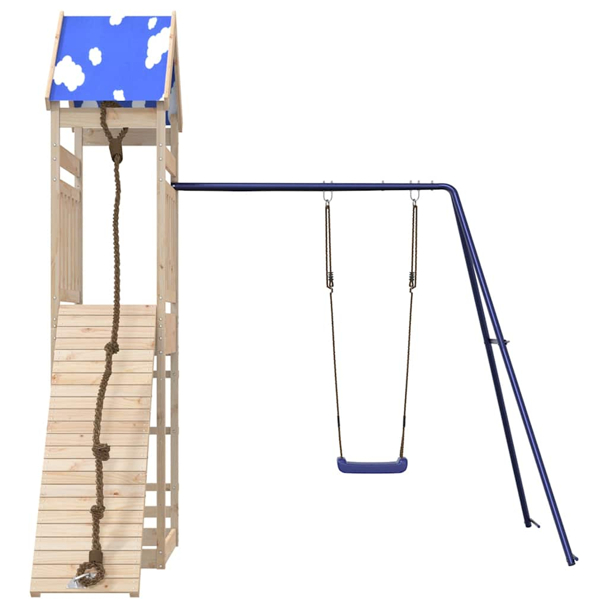 Holzspielturm mit Rutsche, Seil und blauer Schaukel auf weißem Hintergrund.