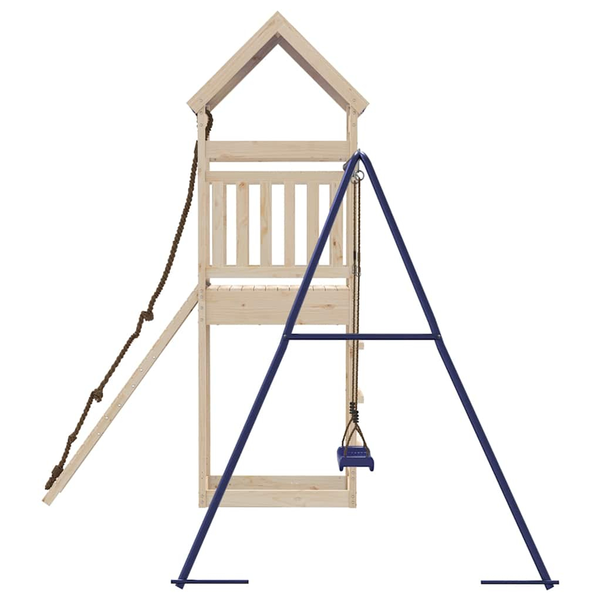 Ein hölzerner Spielturm mit Strickleiter und Schaukel.