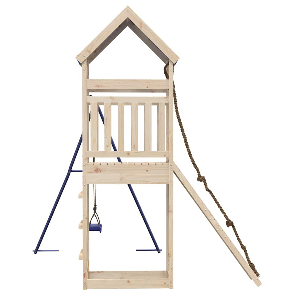 Ein Holzspielturm mit Schaukel, Kletterseil und Leiter auf weißem Hintergrund.