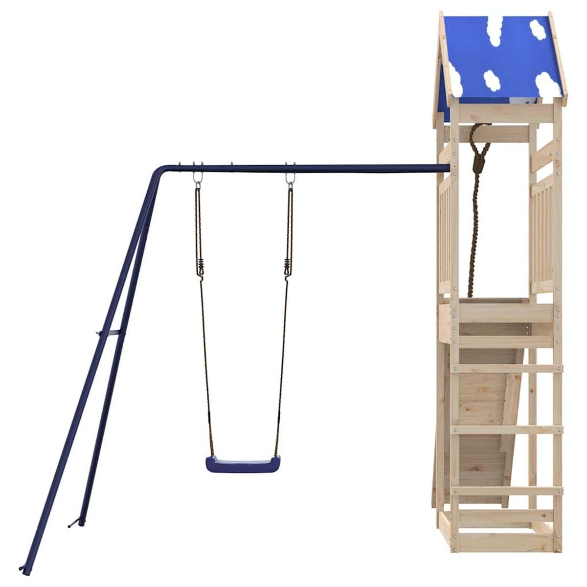 Ein Spielgerüst mit blauer Schaukel, Holzleitern und blauem Dach.