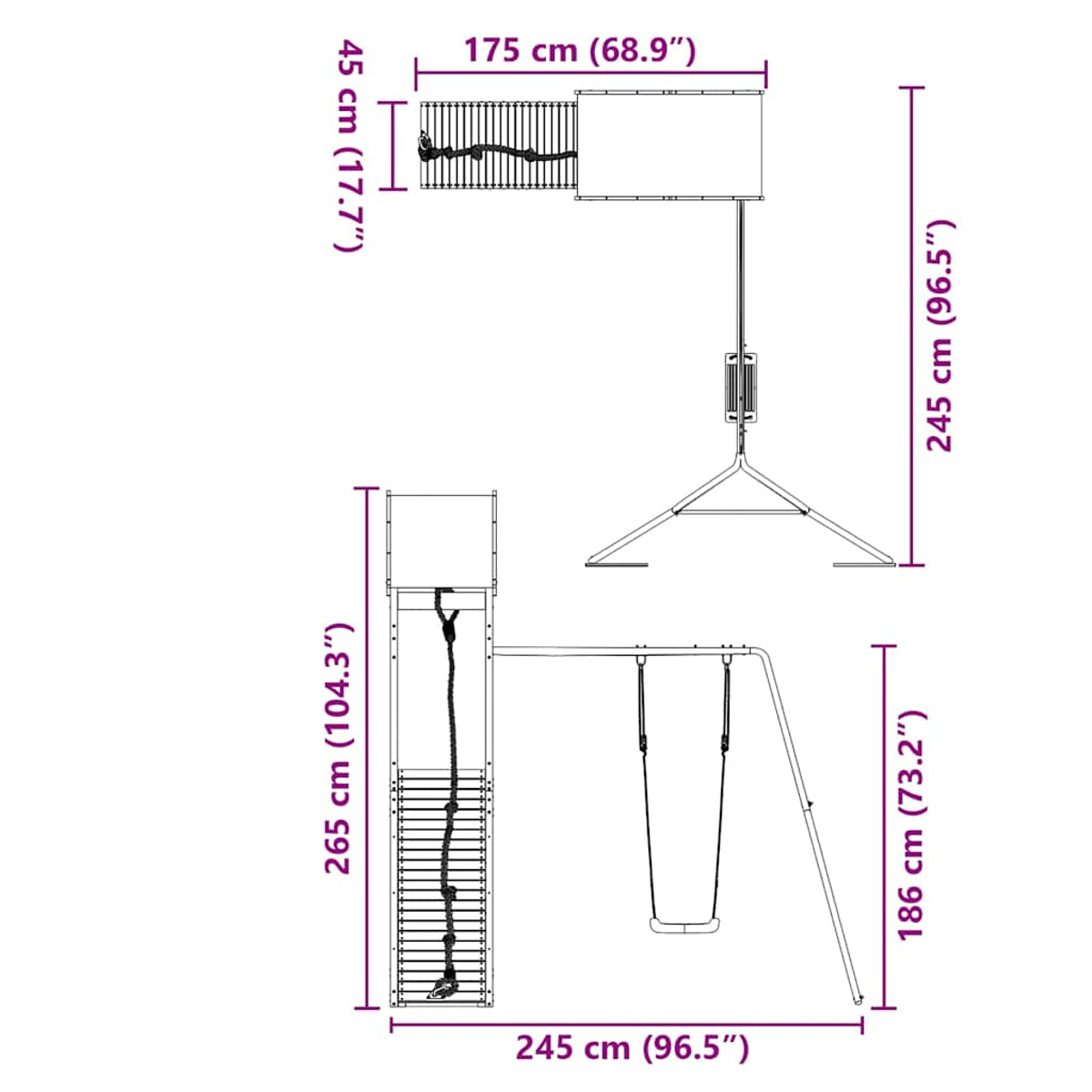 Disegno tecnico di un'altalena con dimensioni.