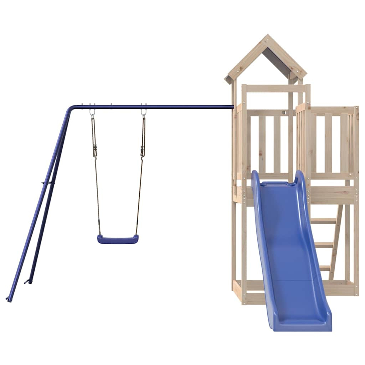 Holzspielturm mit blauer Rutsche und Schaukel.