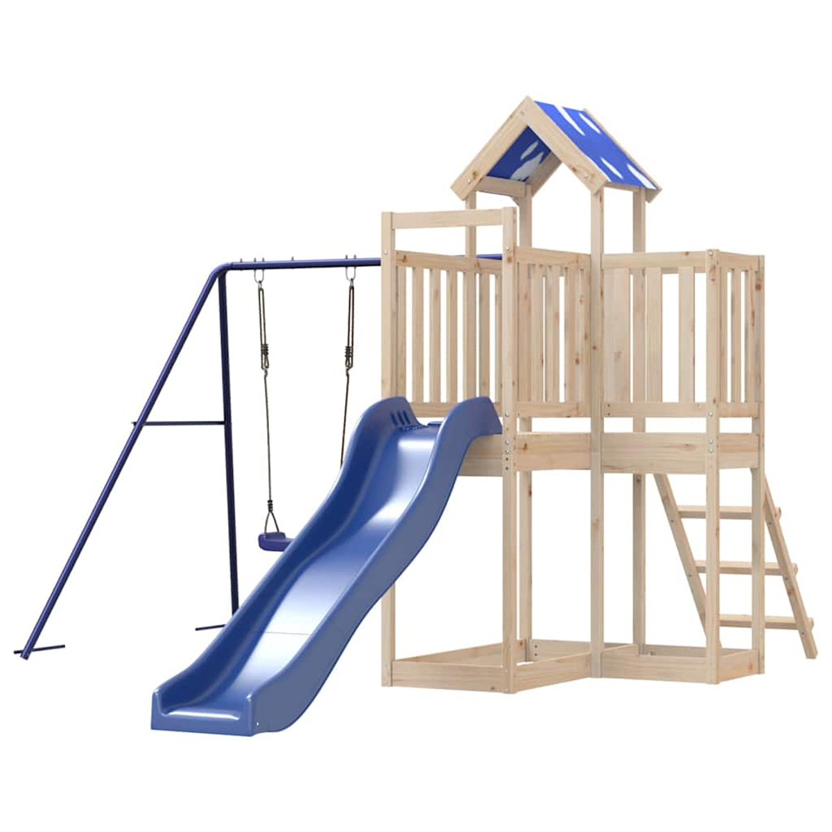 Ein Holzspielturm mit blauer Rutsche und Schaukelgestell.