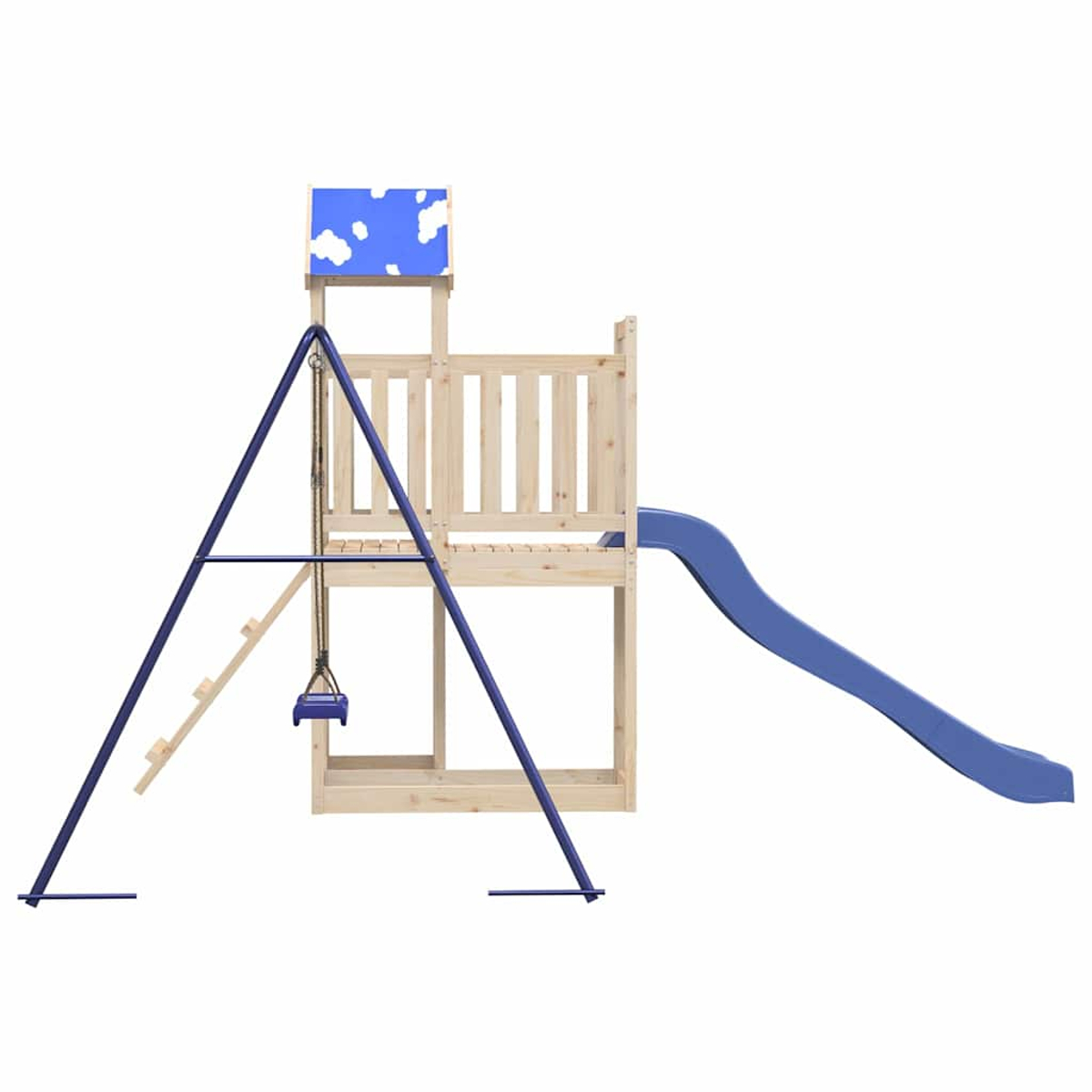 Ein Holzspielturm mit Rutsche, Schaukel und Leiter auf weißem Hintergrund.