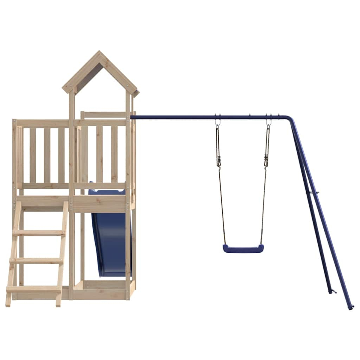 Holzspielturm mit Leiter, Rutsche und blauer Schaukel auf weißem Hintergrund.