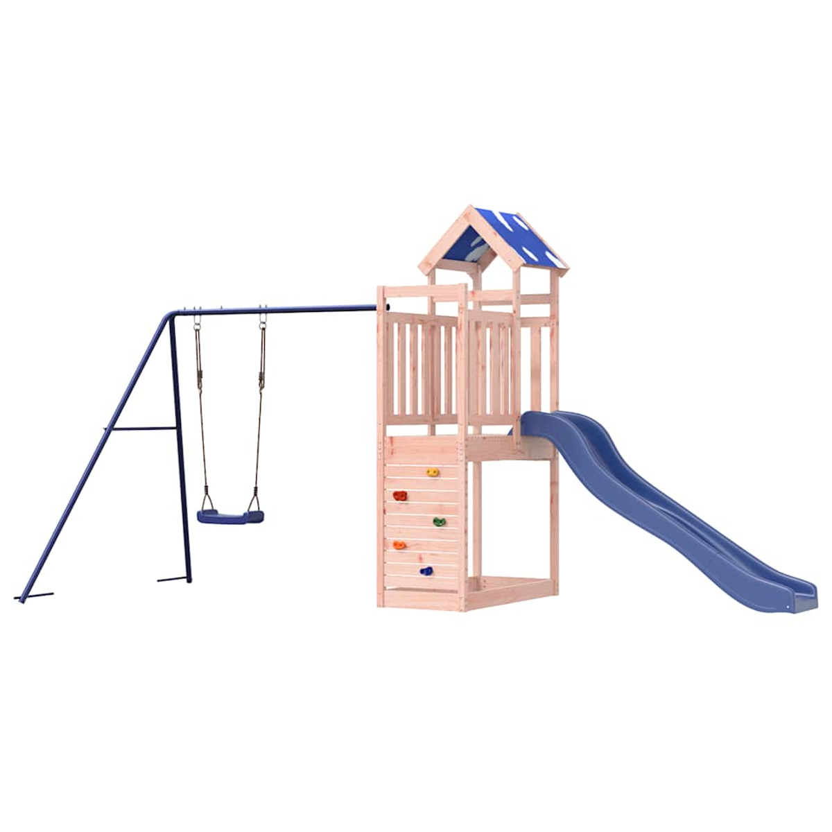 Ein Holzspielturm mit Rutsche, Kletterwand und Schaukel.