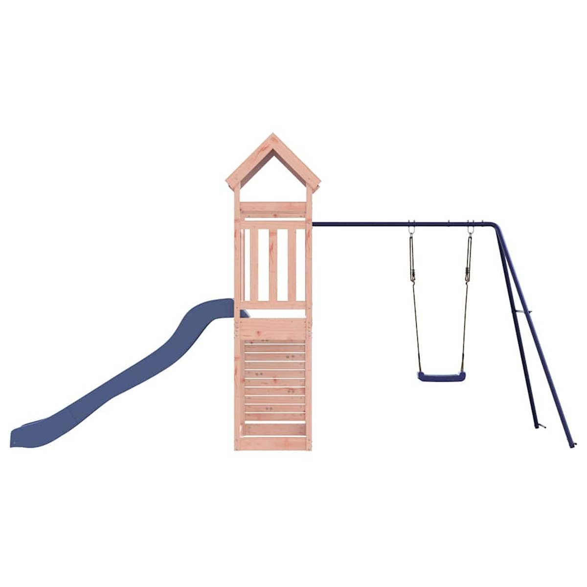 Holzspielturm mit Rutsche und Schaukel.