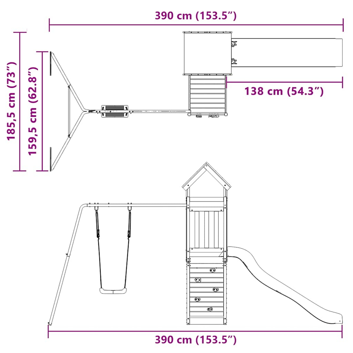 Spielturm mit Rutsche, Schaukel und Kletterwand. Maße angegeben.