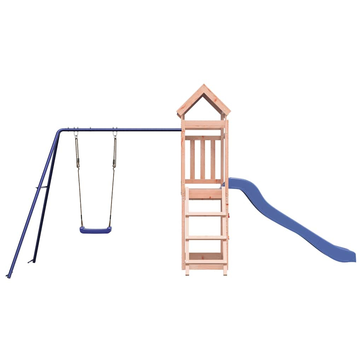 Una struttura gioco in legno con scivolo blu e altalena.