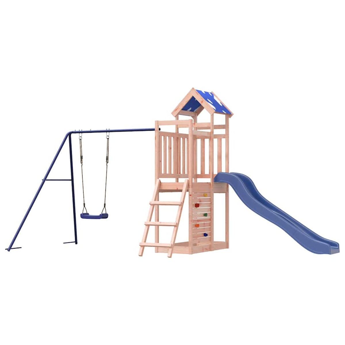 Un castello da gioco in legno con scivolo, altalena e parete da arrampicata.