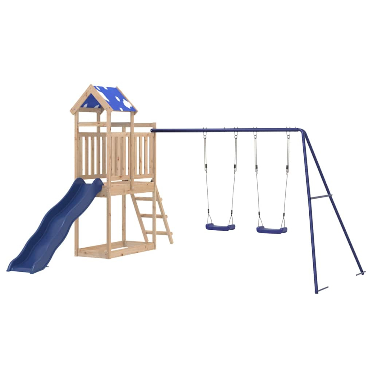 Struttura gioco in legno con scivolo blu, scala e due altalene.