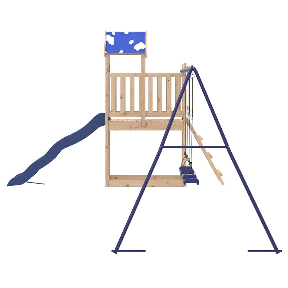 Struttura gioco in legno con scivolo blu, altalene e decorazione a tema cielo.