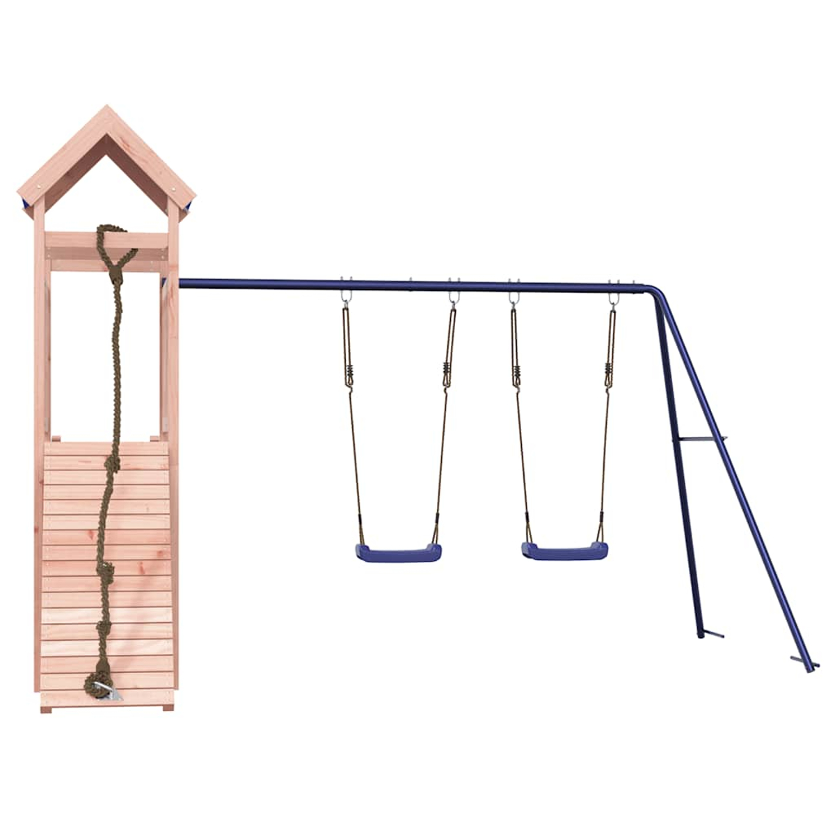 Torre da gioco in legno con scala di corda e altalena doppia blu.