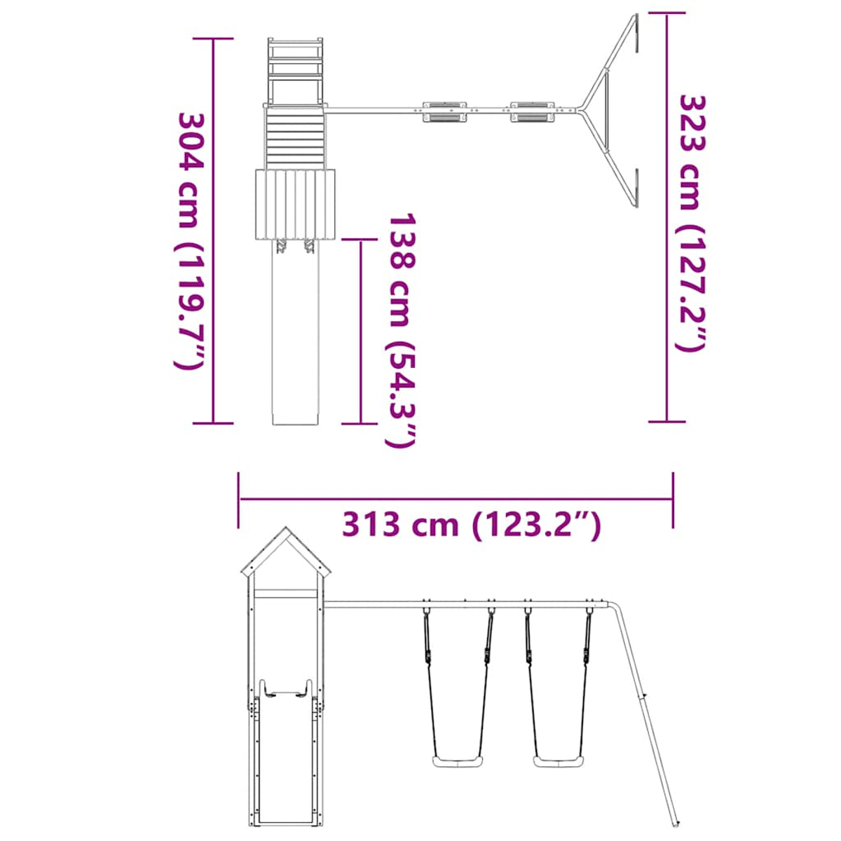 Disegno di una giostra con scivolo e altalene, dimensioni indicate.
