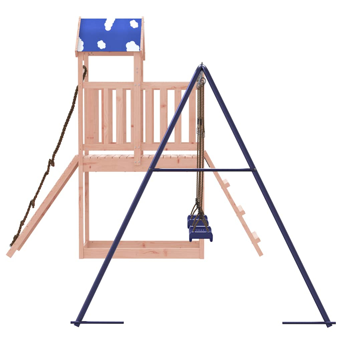 Casa giochi in legno con tetto blu, altalena e corda.