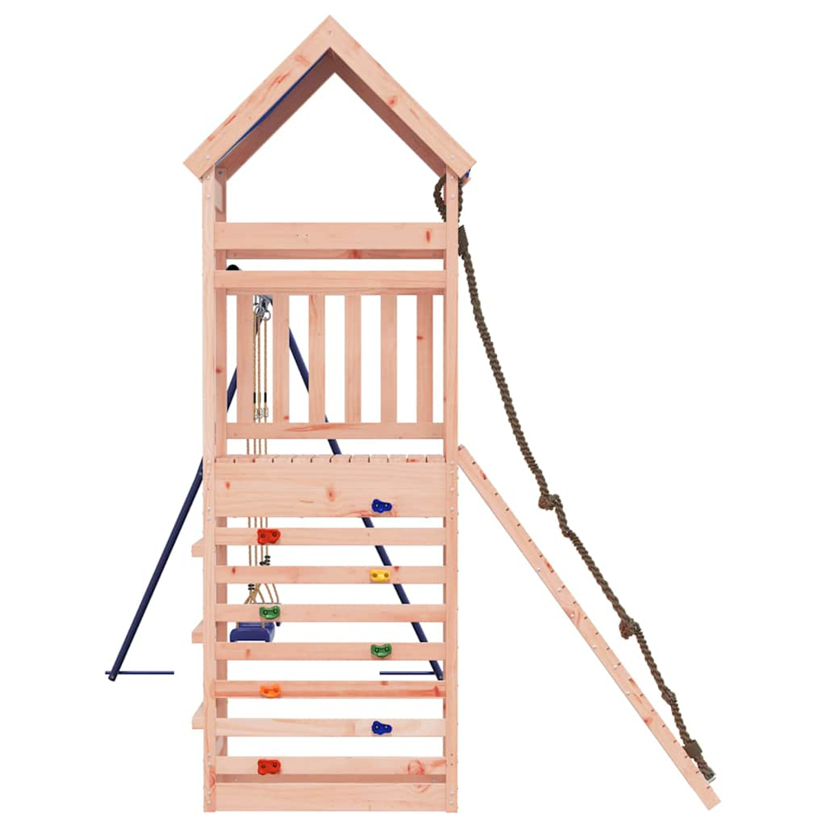 Torre da gioco in legno con parete da arrampicata e altalena.
