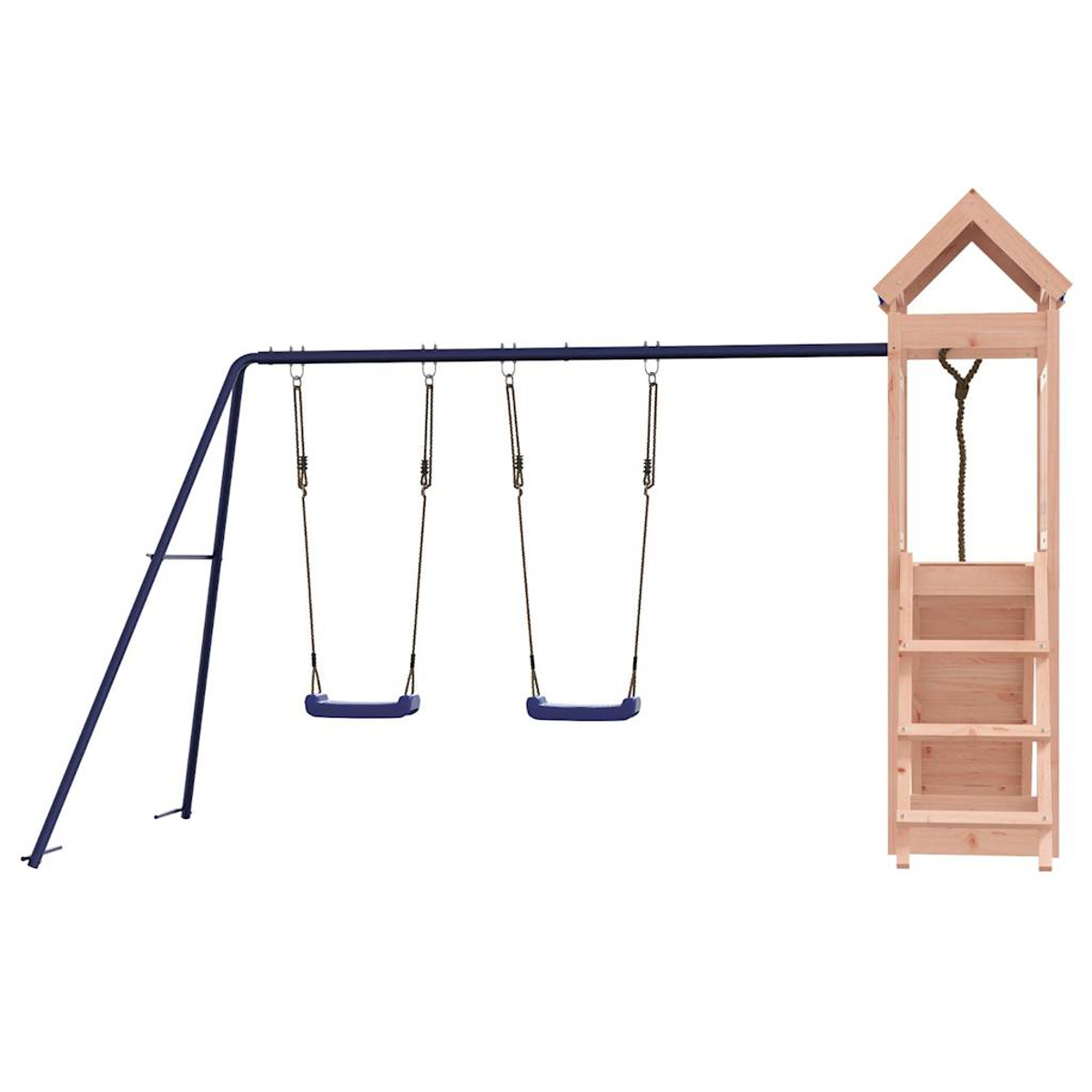 Struttura da gioco in legno con altalene e scala di corda.