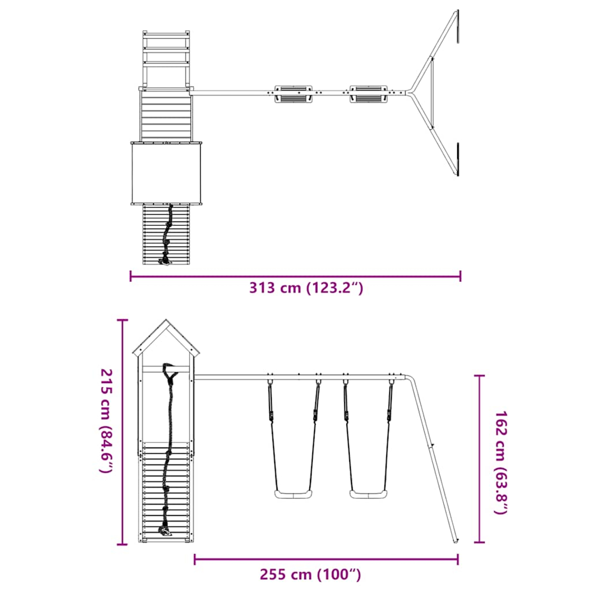 Due viste di un'altalena con scivolo e parete da arrampicata.