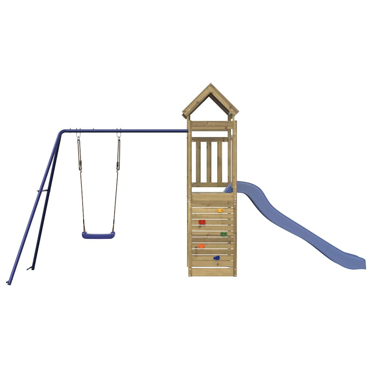 Ein hölzerner Spielturm mit Rutsche, Schaukel und Kletterwand.