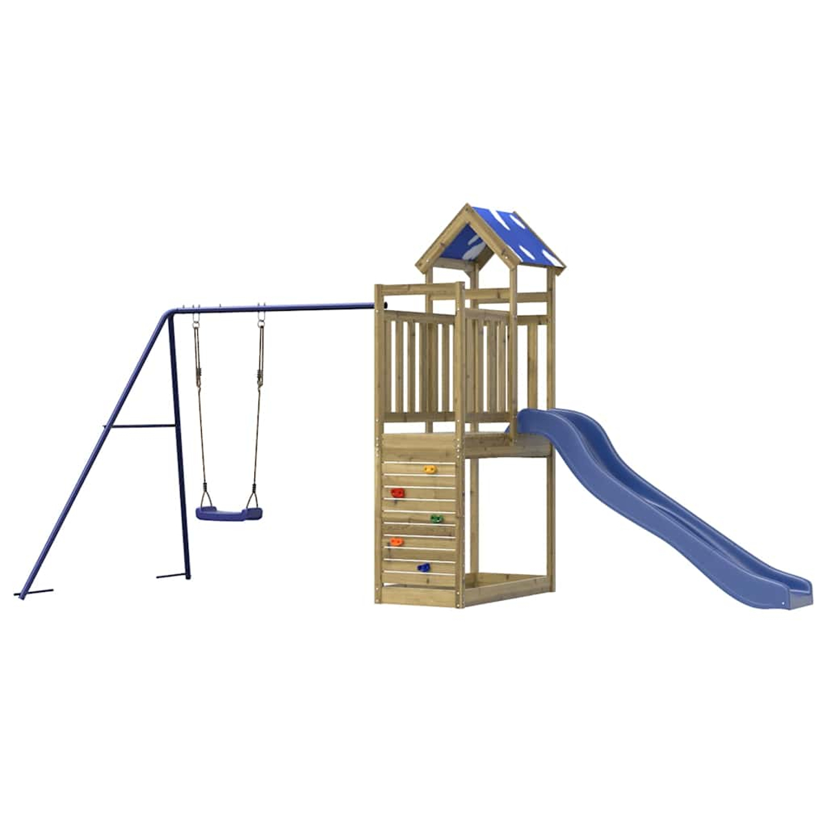 Ein Holzspielturm mit Rutsche, Schaukel und Kletterwand.