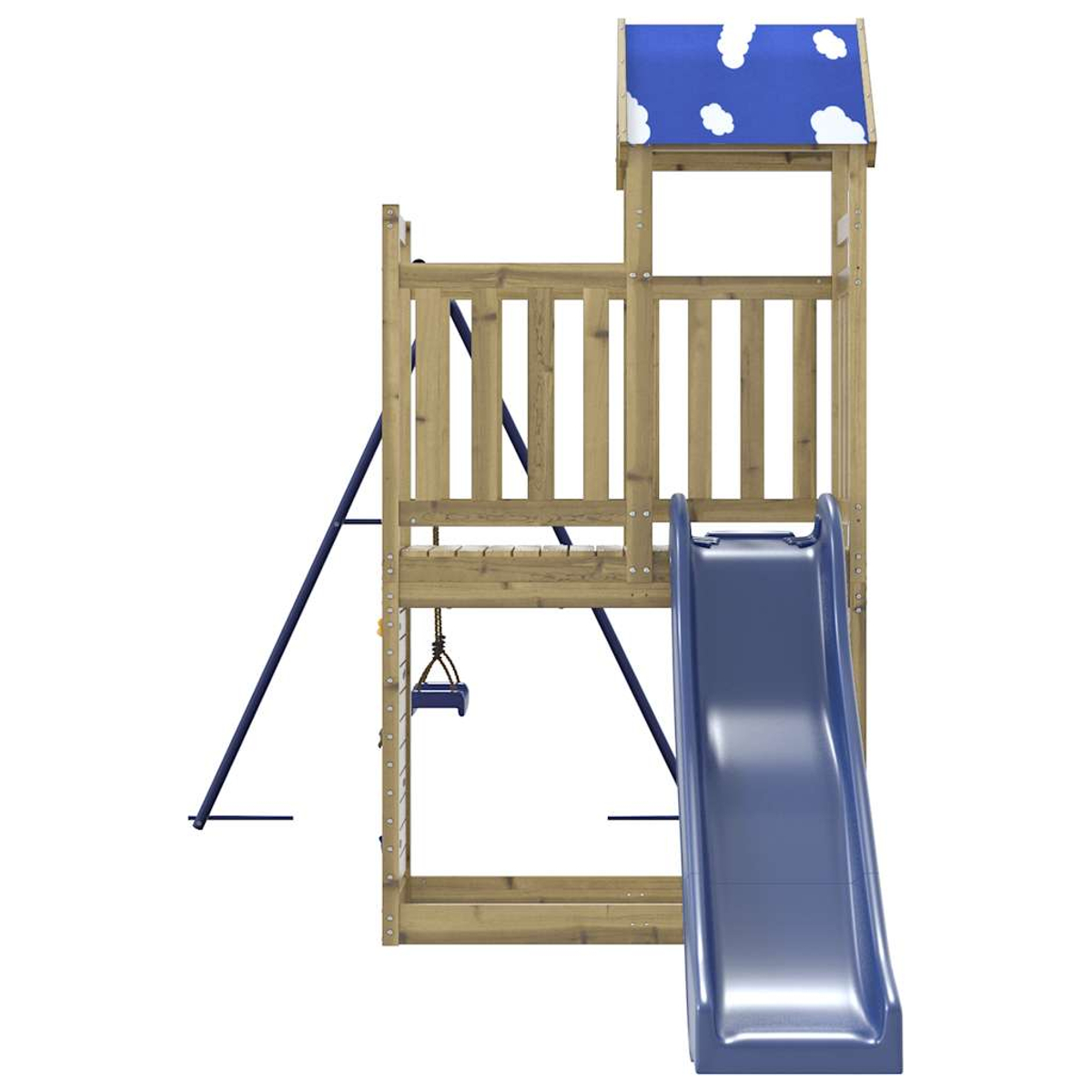 Ein Spielturm aus Holz mit Rutsche, Schaukel und blauem Dach mit Wolken.