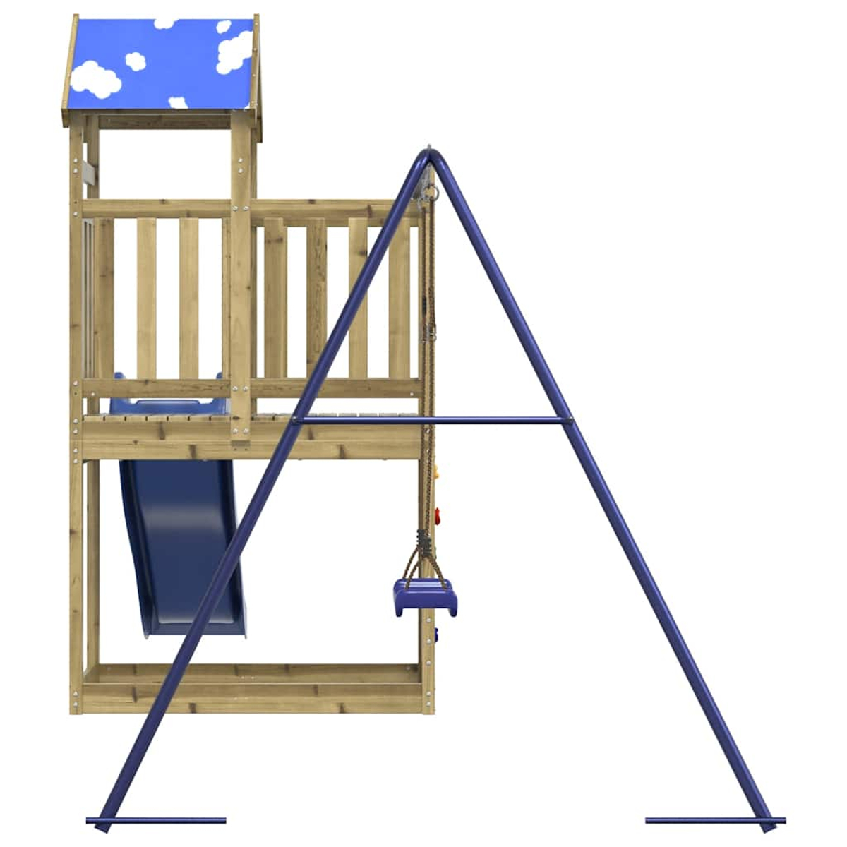 Holzspielturm mit Rutsche, Schaukel und blauem Dach mit Wolken.