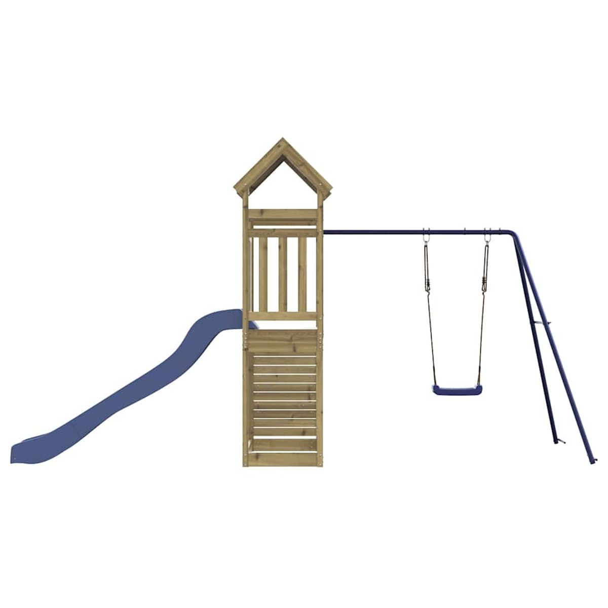Ein hölzerner Spielturm mit einer blauen Rutsche und einer Schaukel.