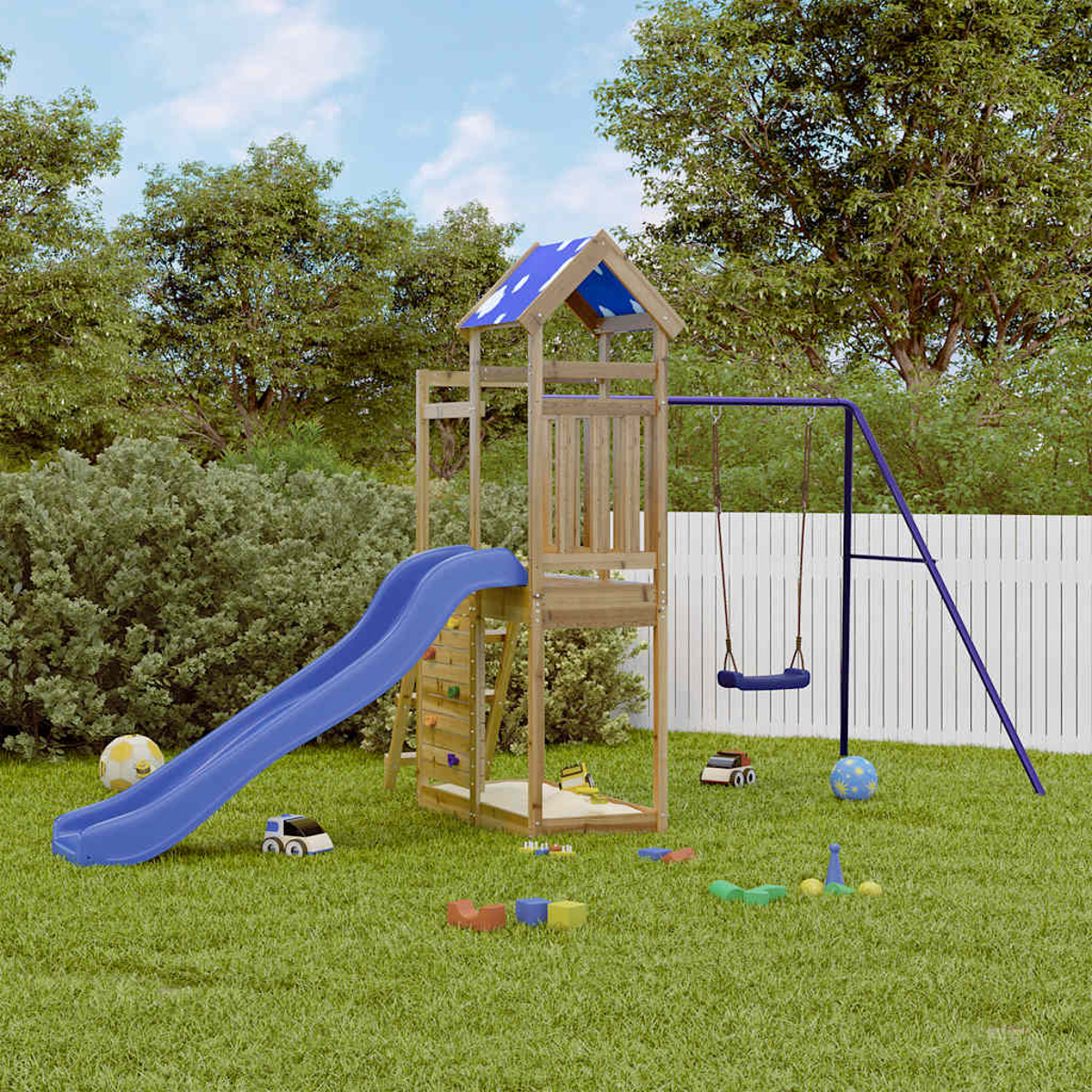 Struttura giochi in legno con scivolo, altalene e giocattoli.