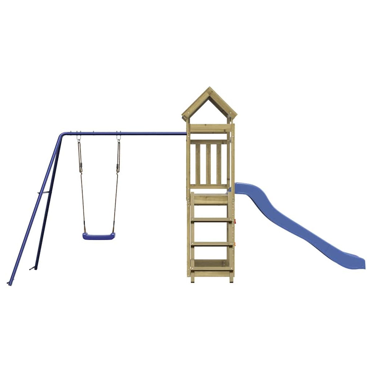 Struttura gioco in legno con altalena e scivolo blu.