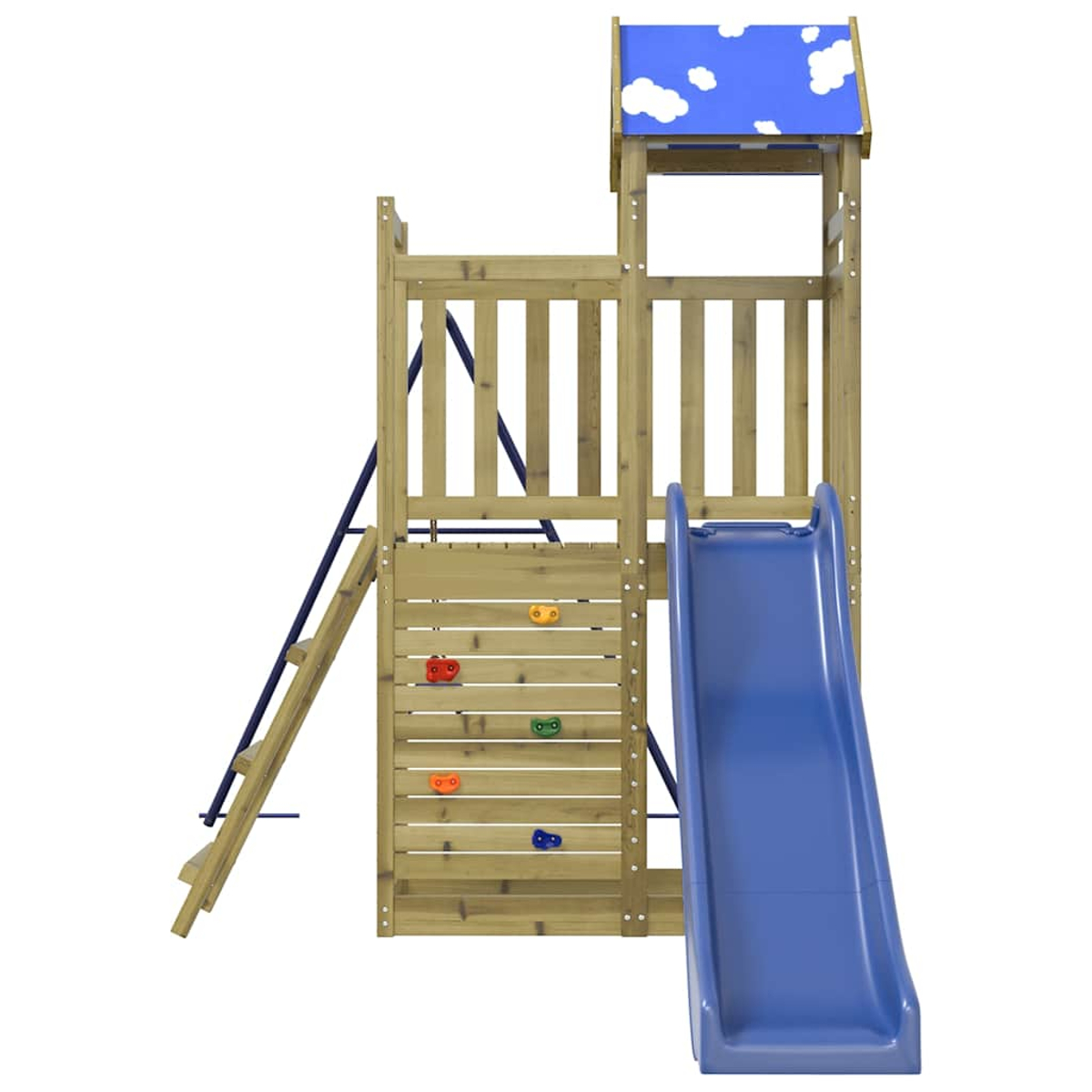 Torre da gioco in legno con scala, parete da arrampicata e scivolo blu.