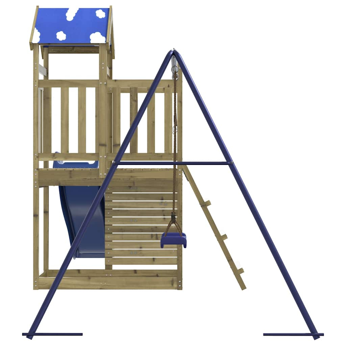 Struttura gioco in legno con scivolo, altalena, scala e tetto blu.