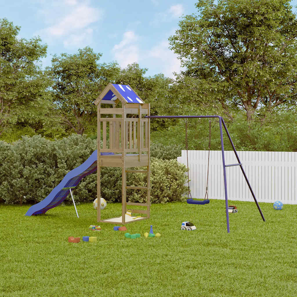 Ein hölzerner Spielturm mit Rutsche und Schaukel auf einem Rasen.