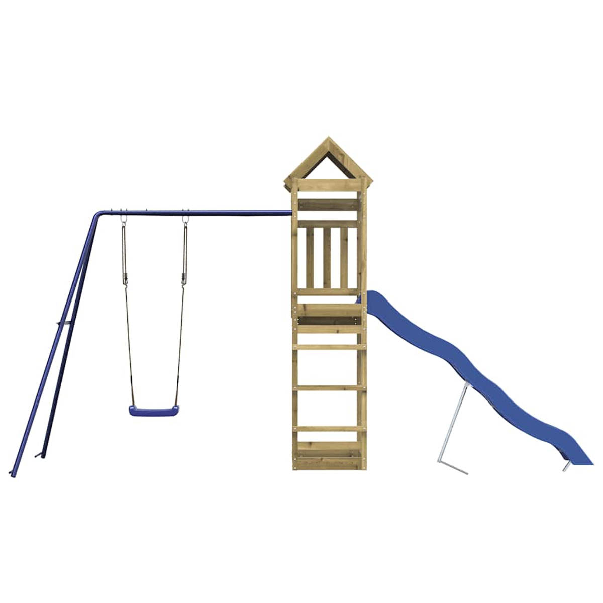Ein Holzspielturm mit Rutsche und Schaukel. Blaue Schaukel, blaue Rutsche.
