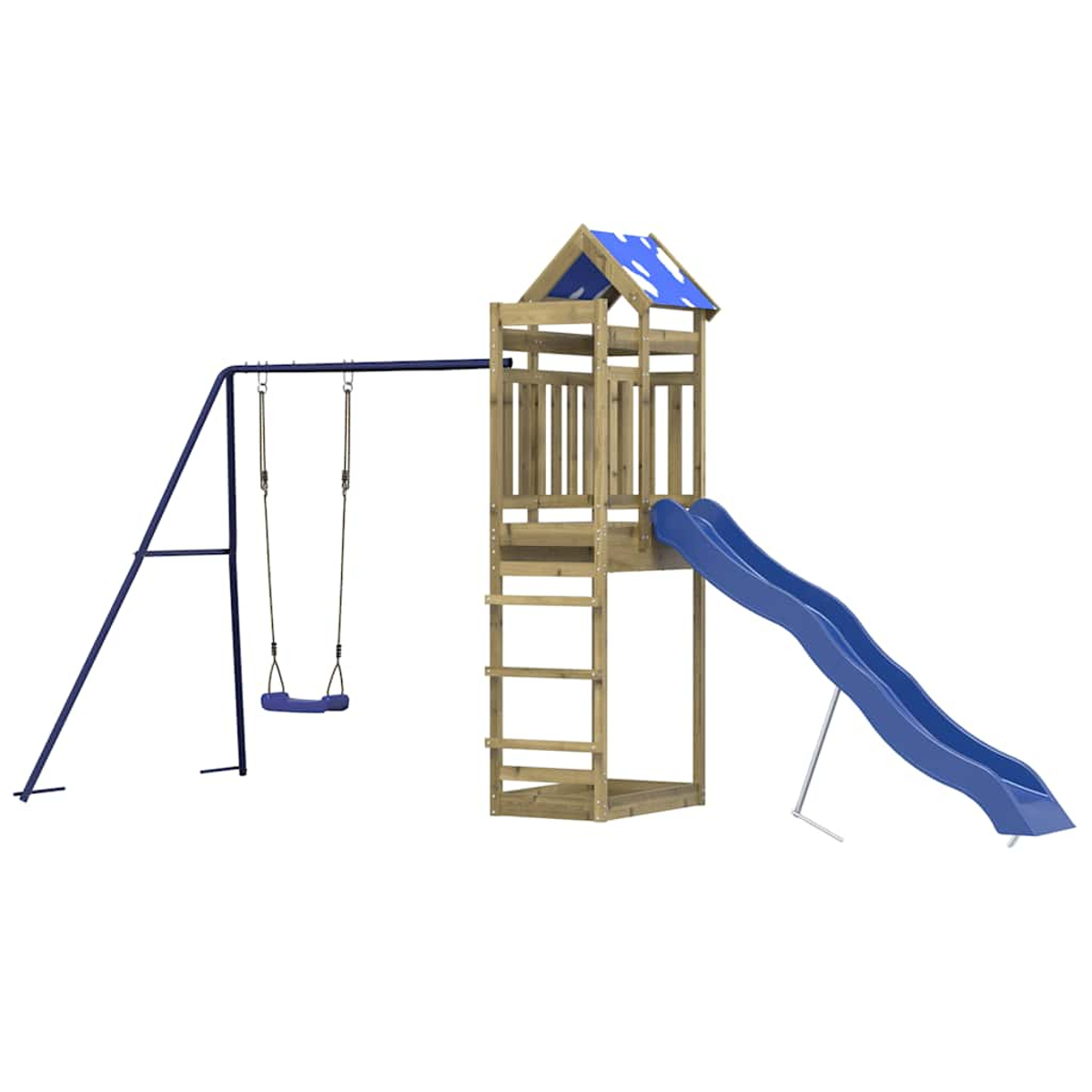 Holzspielturm mit Rutsche, Schaukel und Leiter.