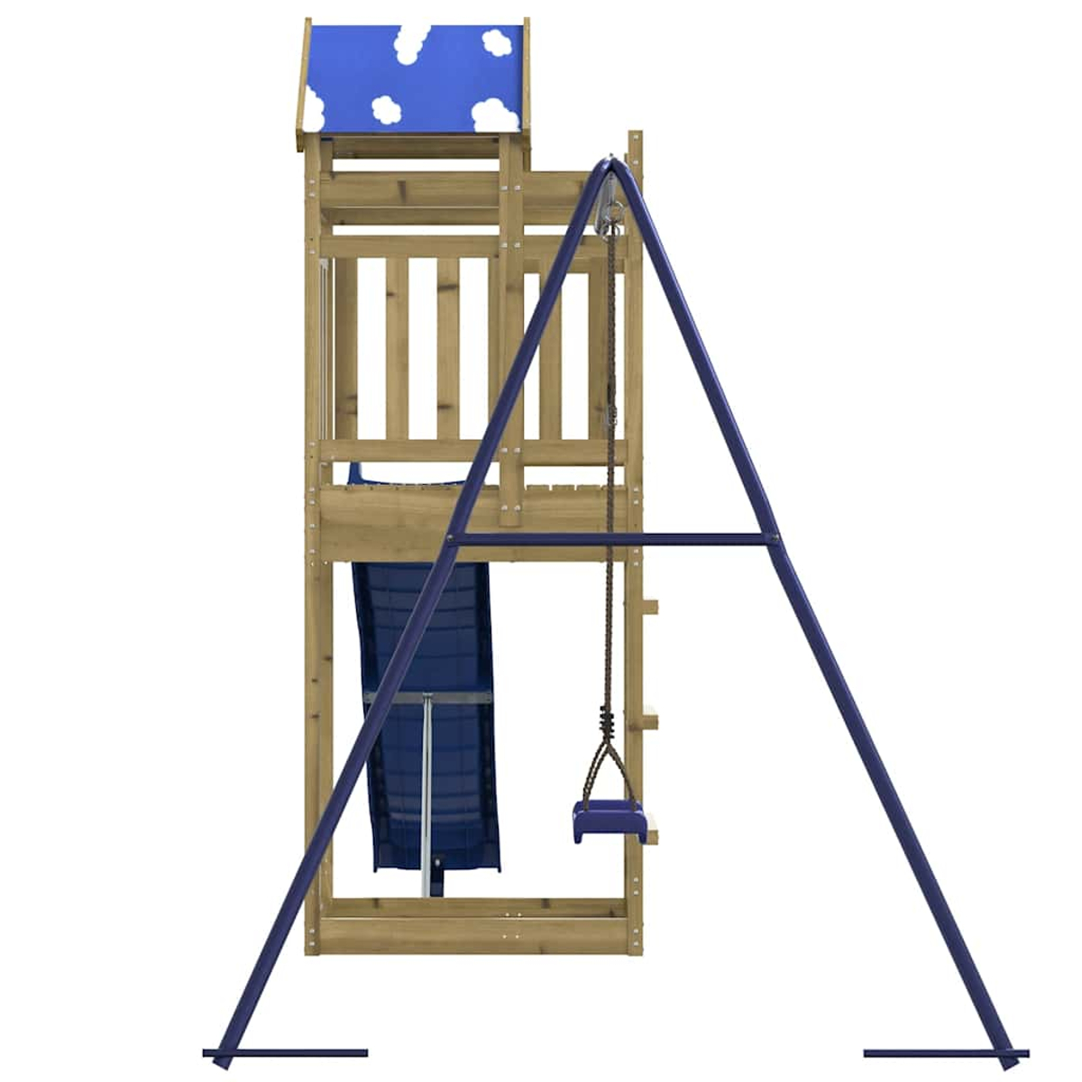 Ein hölzerner Spielturm mit blauer Schaukel und Rutsche.