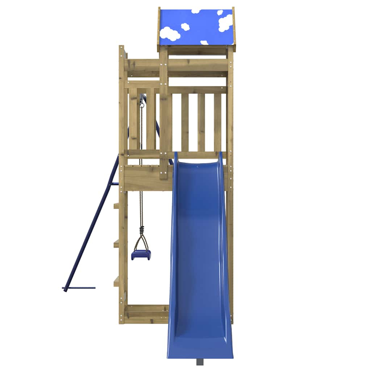 Holzspielturm mit blauer Rutsche und Schaukel. Dach mit Wolken.