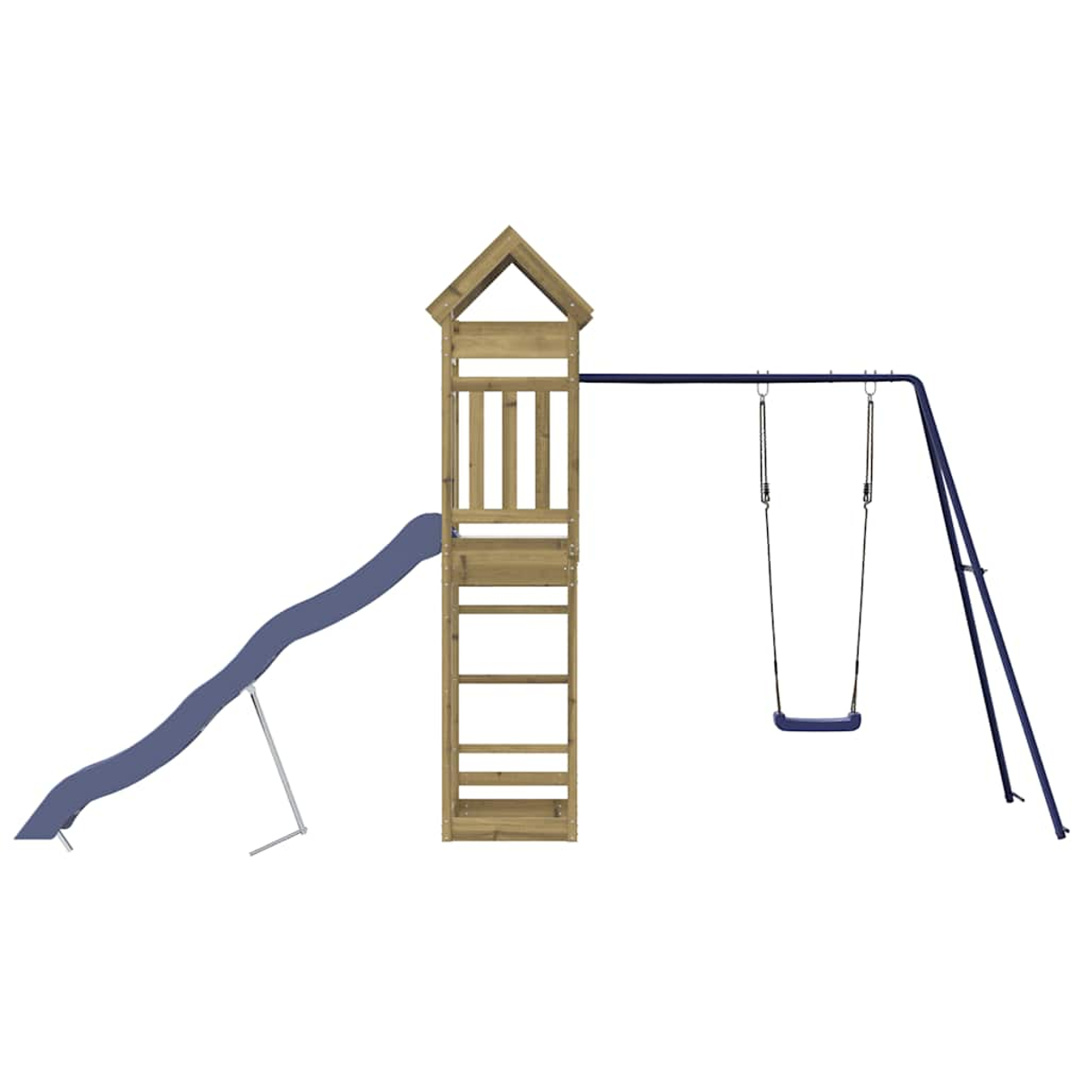 Holz-Spielturm mit Rutsche und Schaukel auf weißem Hintergrund.