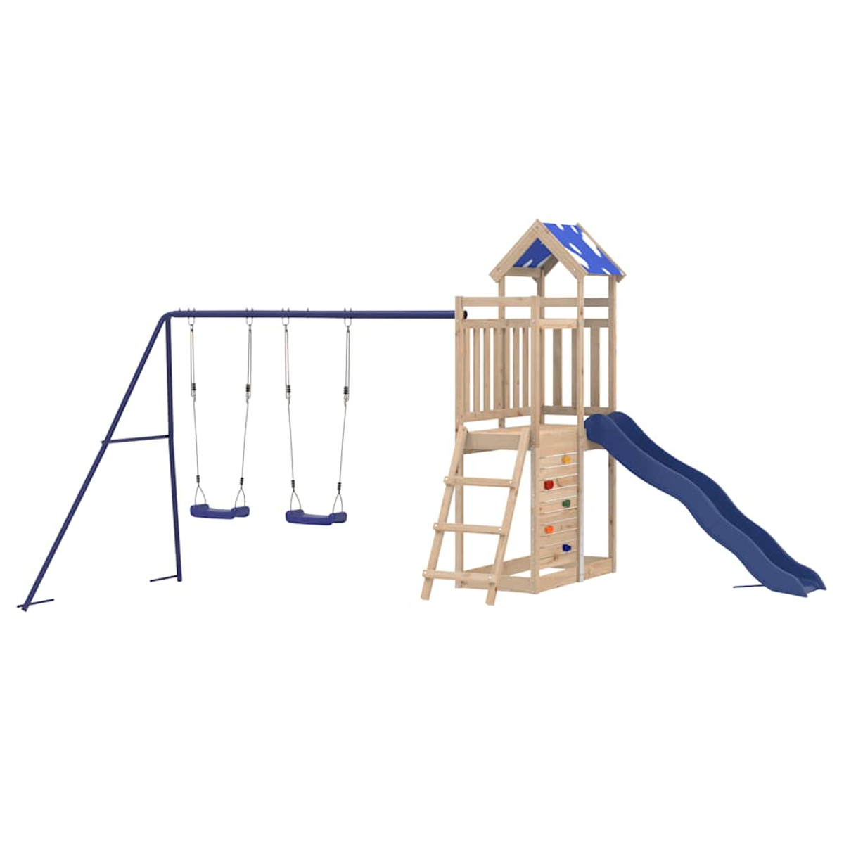 Struttura giochi in legno con scivolo blu, due altalene e parete da arrampicata.
