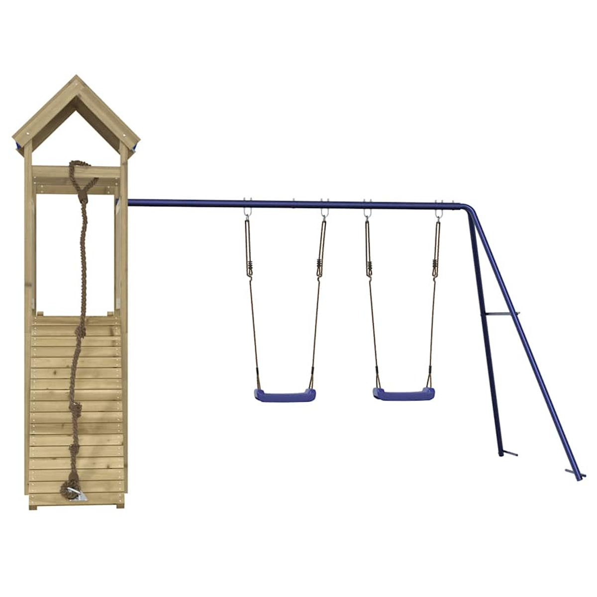 Holzturm mit Strickleiter und blauer Schaukel mit zwei Schaukeln auf weißem Grund.