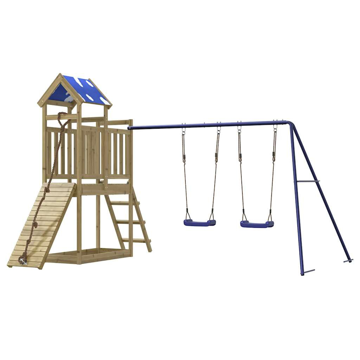 Ein hölzerner Spielturm mit Rutsche und zwei Schaukeln.