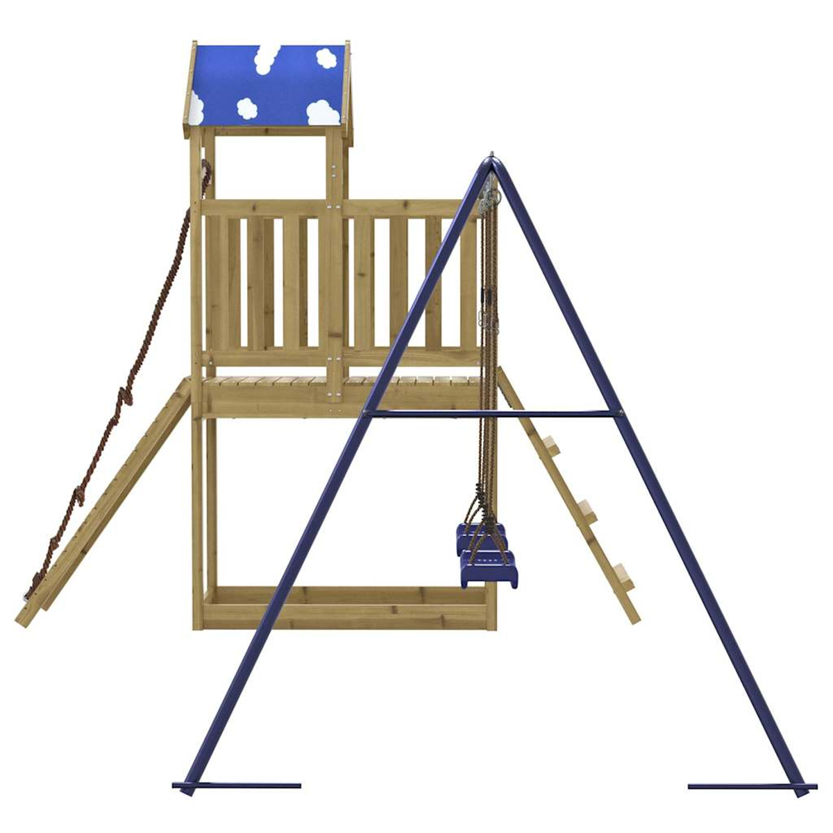 Ein Holzspielturm mit Schaukel, Rutsche und Seil. Blaues Dach mit Wolken.