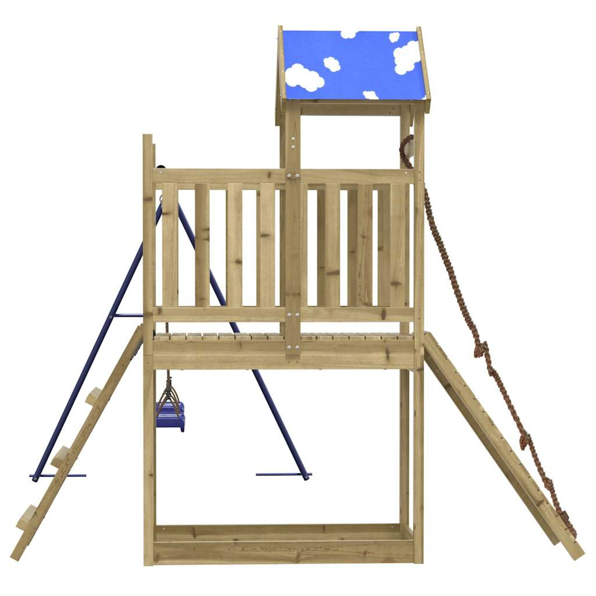 Holzspielturm mit blauem Dach, Rutsche, Strickleiter und Schaukel.