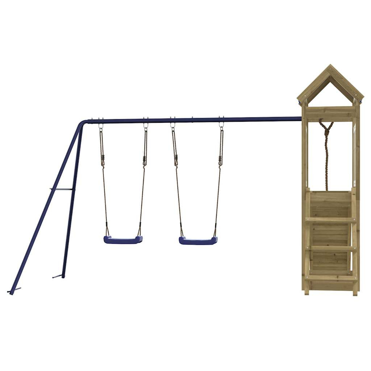 Ein blaues Gestell mit zwei Schaukeln und einem Holzturm.
