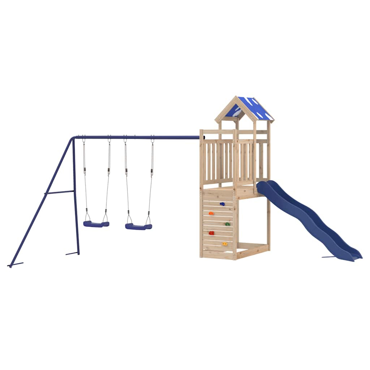 Ein hölzerner Spielturm mit Rutsche, Kletterwand und Schaukeln.
