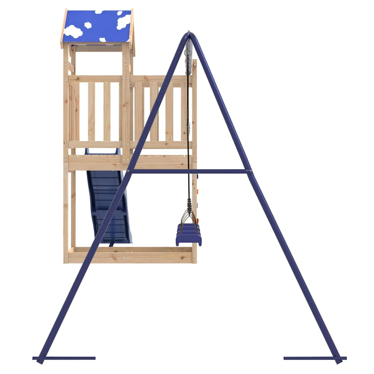 Ein Holzspielturm mit Rutsche und Schaukel auf weißem Hintergrund.
