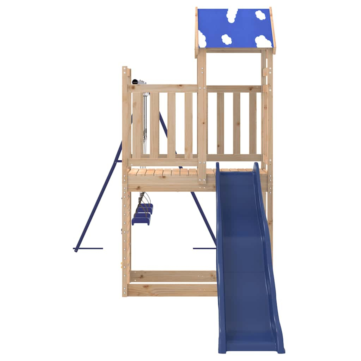 Ein hölzerner Spielturm mit Rutsche, Schaukeln und blauem Dach mit Wolken.