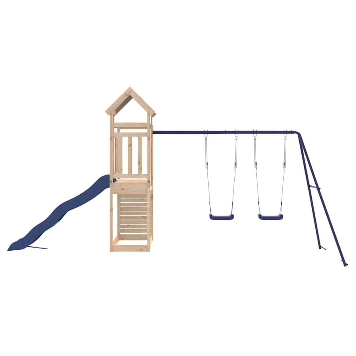 Ein Holzspielturm mit Rutsche und zwei Schaukeln.