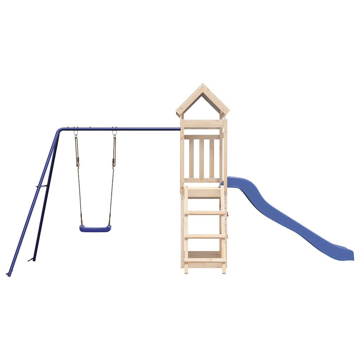 Ein Spielturm mit Schaukel und Rutsche aus Holz und Metall.